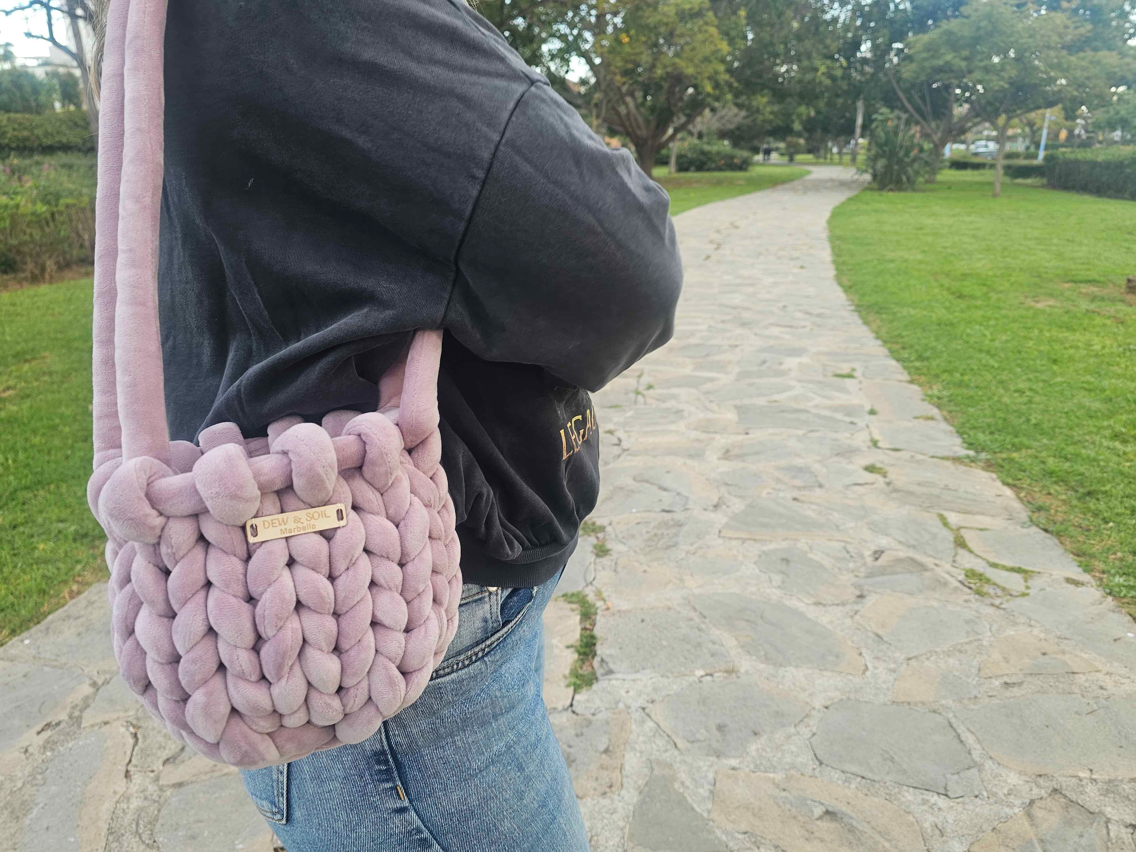 Braided Velvet Mini Bag in Lavender — close-up of braid detail and padded handles